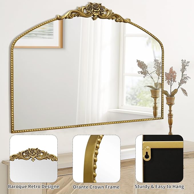 AIXI HOME Vintage Gold Arched Mirror 40"X30", Antique Baroque Mantel Mirror - Image 4