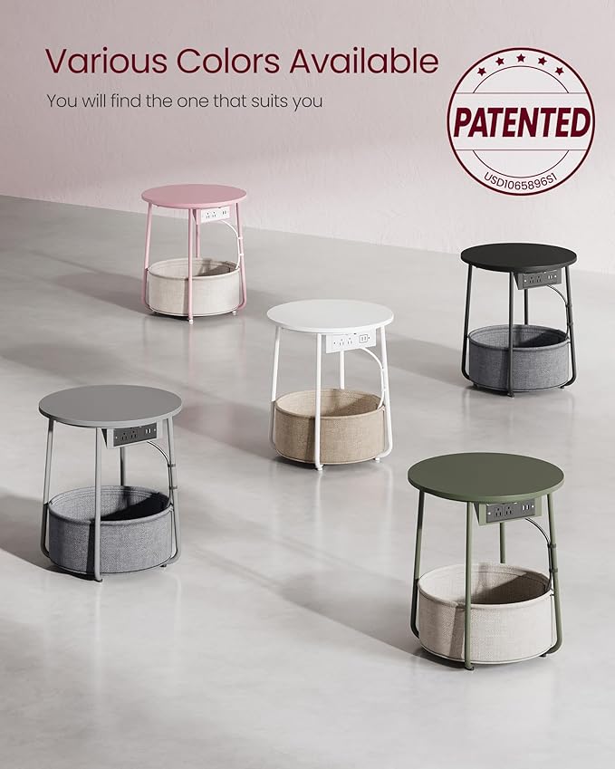 VASAGLE Side Table with Charging Station, Round End Table with Fabric Basket - Image 9