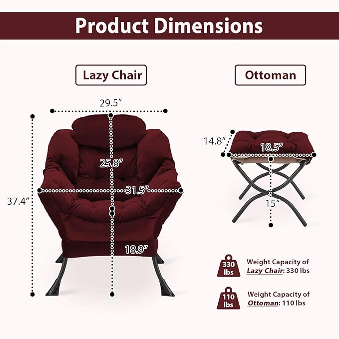 Lazy Chair with Folding Ottoman, Accent Chair Velvet Upholstered with Metal - Image 3