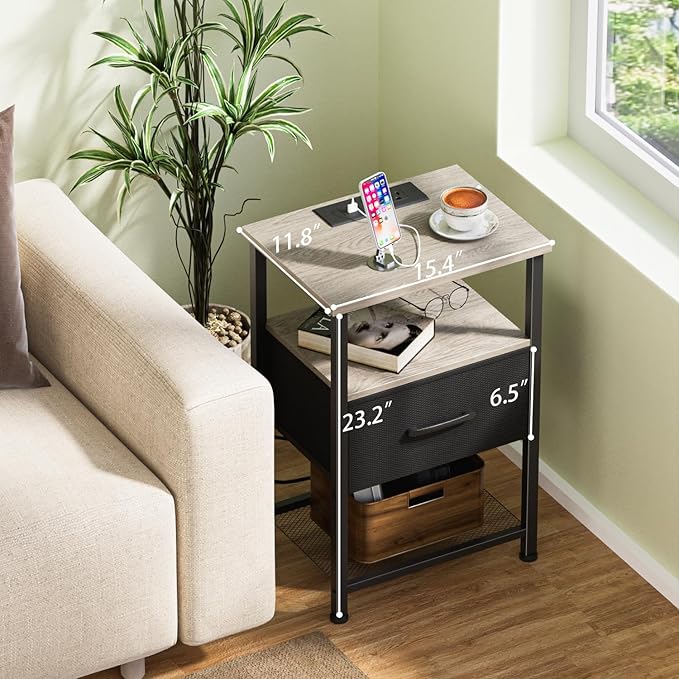 Nightstands Set of 2 with Charging Station and Drawer, End Table Bedside Table - Image 8
