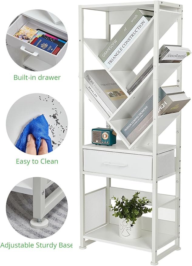 Bookshelf with Drawer, 8 Tier Tree Bookcase Retro Floor Standing Bookshelves - Image 3