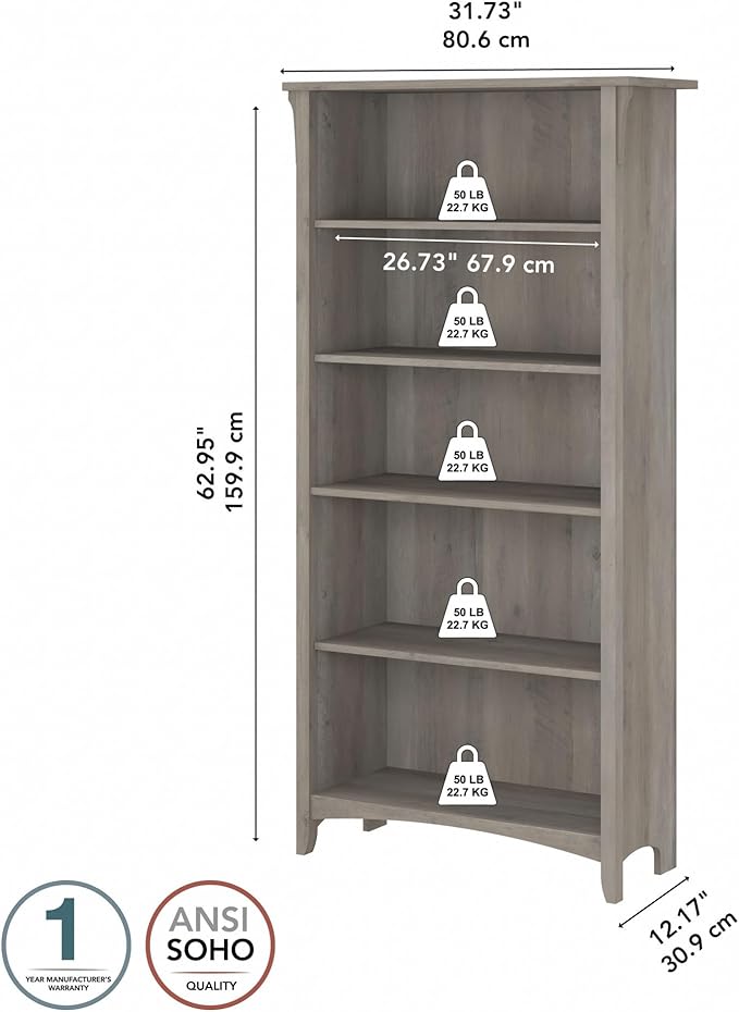 Bush Furniture Salinas 5 Shelf Bookcase in Driftwood Gray, Tall Bookshelf - Image 3