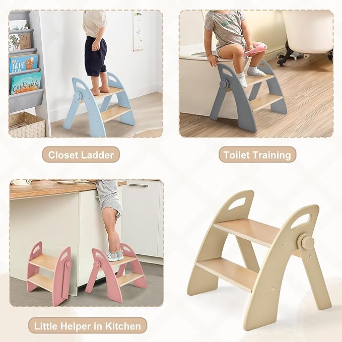 Wooden 2 Step Stool for Kids Bathroom Sink Foldable Anti-Slip 2-Step for Toilet - Image 2