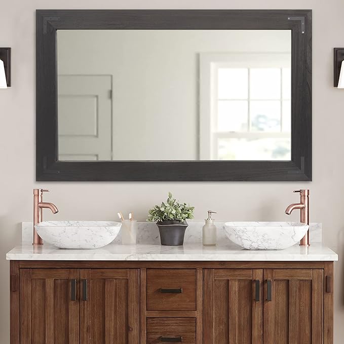 YOSHOOT Rustic Wooden Framed Wall Mirror, Natural Wood Bathroom Vanity Mirror by YOSHOOT