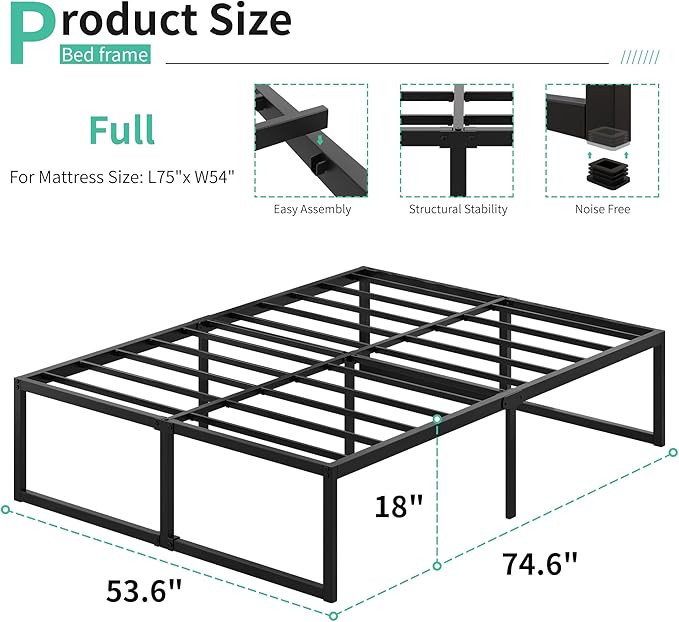 18 Inch Full Bed Frame No Box Spring Needed, Heavy Duty Metal Platform Beds - Image 2