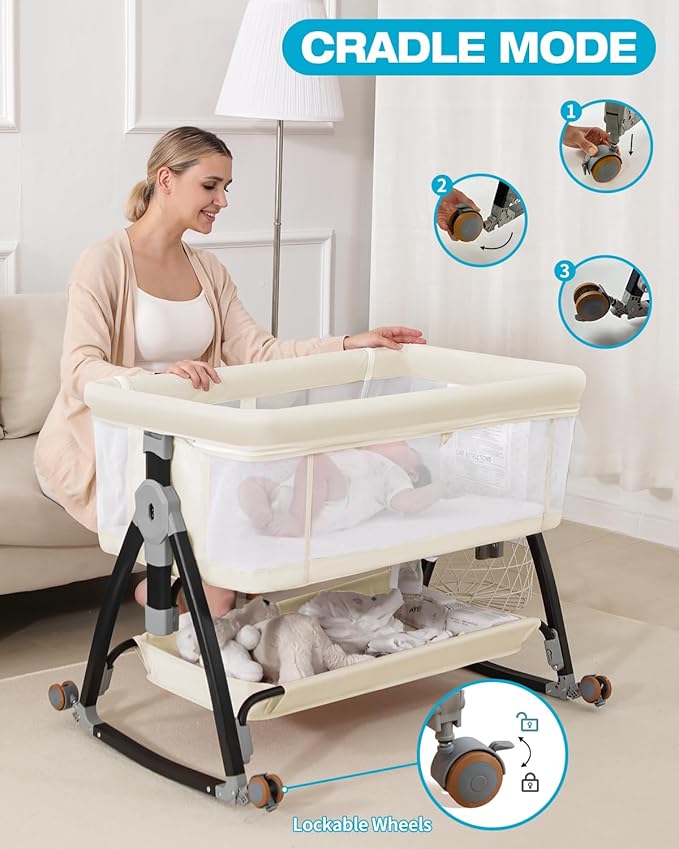 3 in 1 Baby Bassine Crib with Breathable Mesh, Bassinet Bedside Sleeper with - Image 2