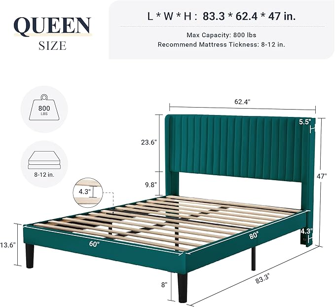 Allewie Queen Size Bed Frame/Velvet Upholstered Platform Bed/Vertical Channel - Image 2