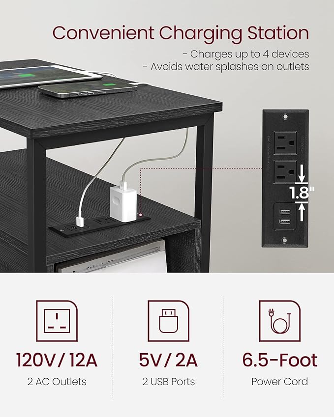 VASAGLE Side Table with Charging Station, Narrow End Table with 2 Drawers - Image 4