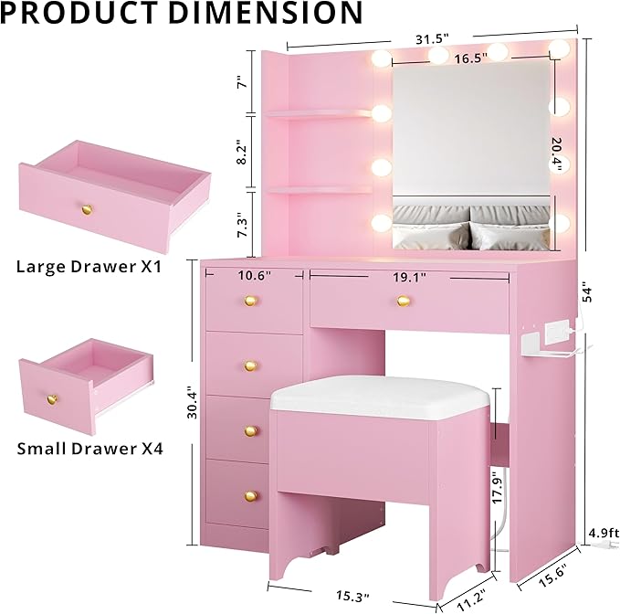 IRONCK Vanity Desk with Mirror and Lights, Small Makeup Vanity Table with 5 - Image 2