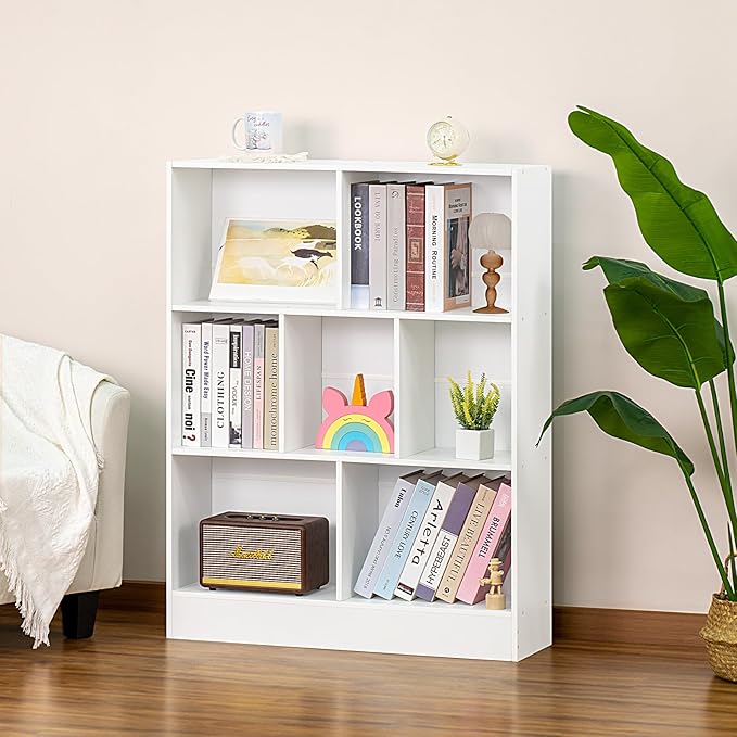 YAHARBO White 7 Cube Bookshelf, 3 Tier Modern Horizontal Bookcase, Wooden Low - Image 5