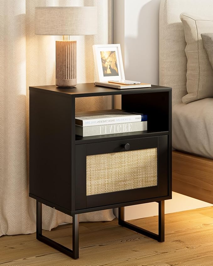 Rattan Nightstand, Mid Century Modern Night Stand, Boho Farmhouse Wood Bedside by Unknown