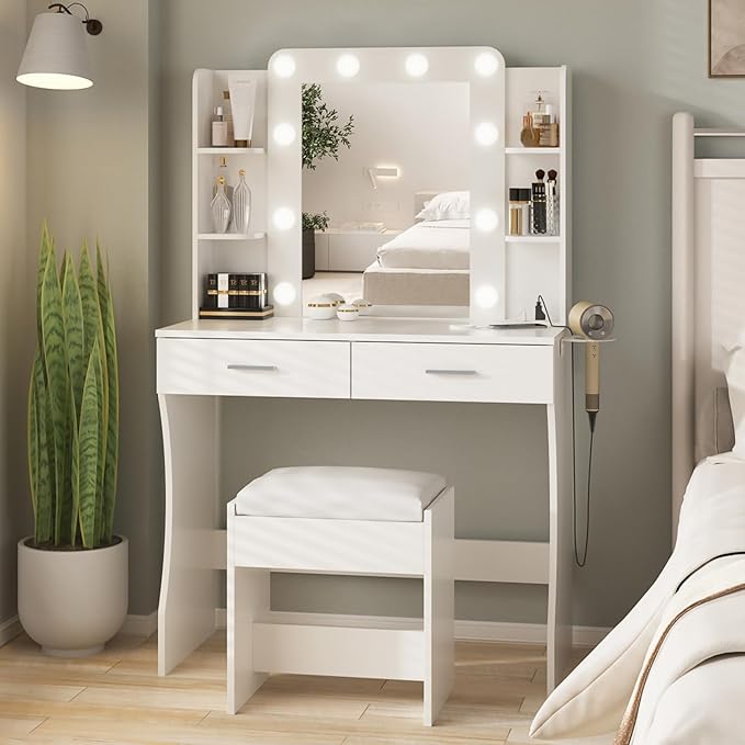 Vabches Vanity Desk with Lights, Makeup Vanity with Power Strip, Dressing Table by Vabches