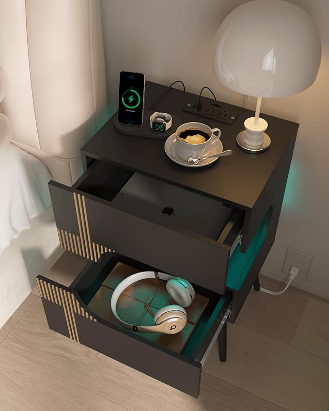 Black Nightstand with Charging Station and LED Lights, Modern Bedside Table - Image 6