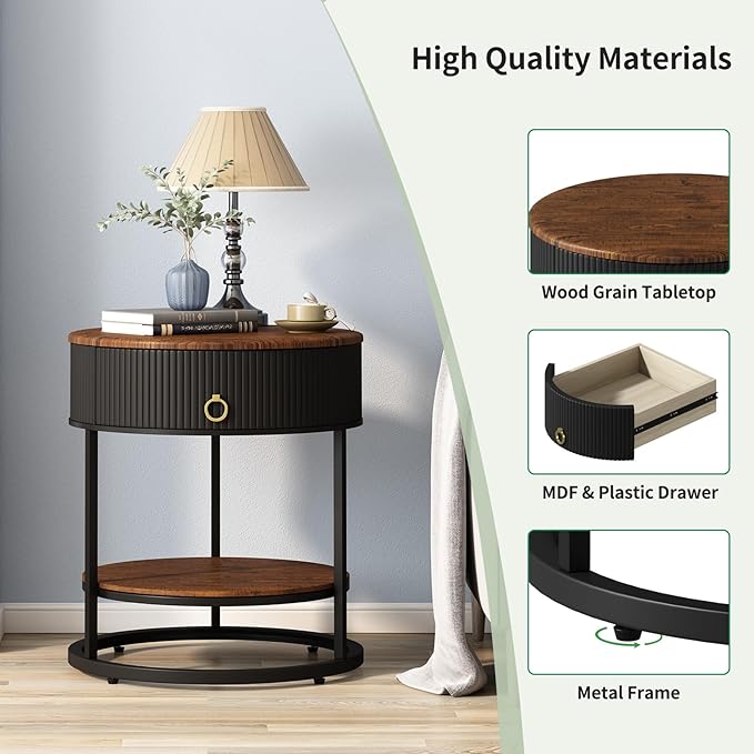 OIOG Round End Table with Drawer, Modern Wood Grain Side Table with Shelf - Image 4