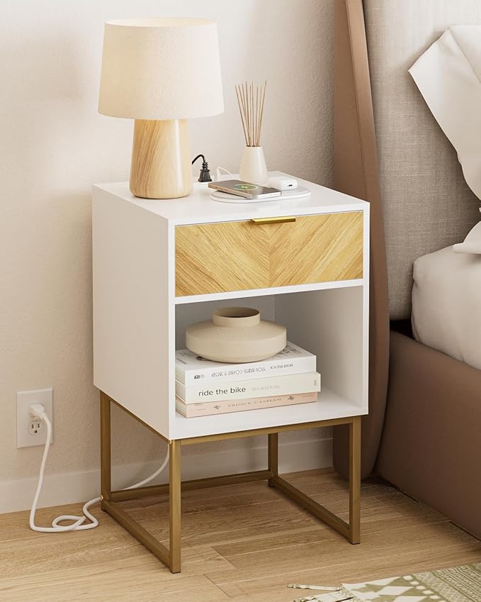 Nightstand with Charging Station, Modern Night Stand Boho Farmhouse Wood - Image 4