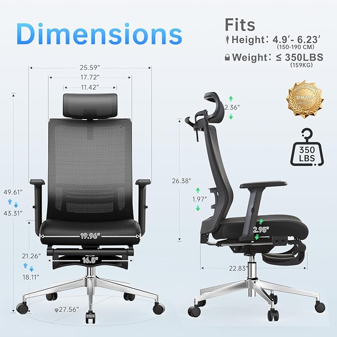 Ergonomic Office Chair, Adjustable Lumbar &Headrest, 3D Armrests, Silent Wheels - Image 2