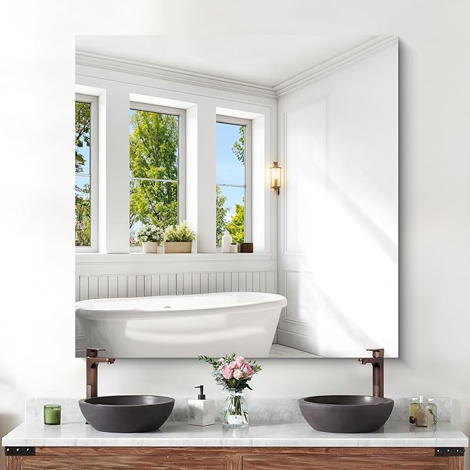 KOCUUY Large Frameless Mirror, 42x42 Inch Square Bathroom Vanity Mirror by KOCUUY