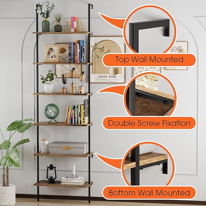 Bookcase Rustic Brown 6 Tiers Modern Bookshelf Room Organizer Open Tall Wall - Image 5