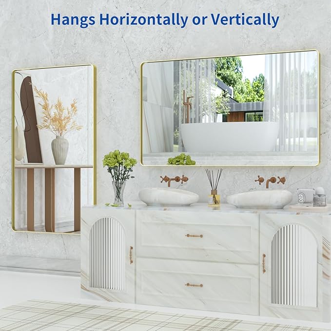 WEER Gold Bathroom Mirror, 55X30 Inch Brushed Gold Metal Frame Mirror, Rounded - Image 5