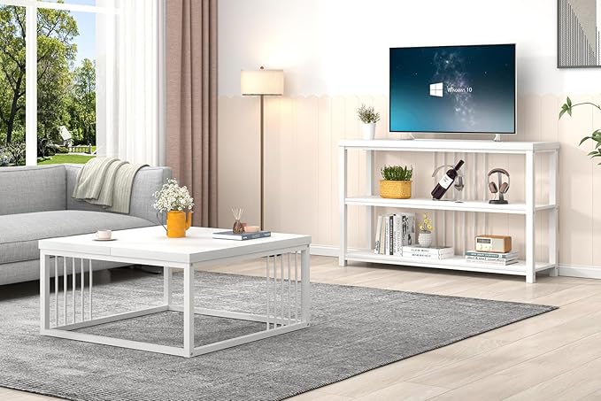 FOLUBAN White Coffee Table, Modern Rustic Wood and Metal Center Table, - Image 6