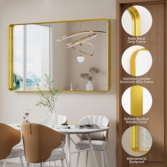 Koonmi Gold Wall Mirror for Bathroom, 36x60 Inch Matte Deep Framed Rounded - Image 3