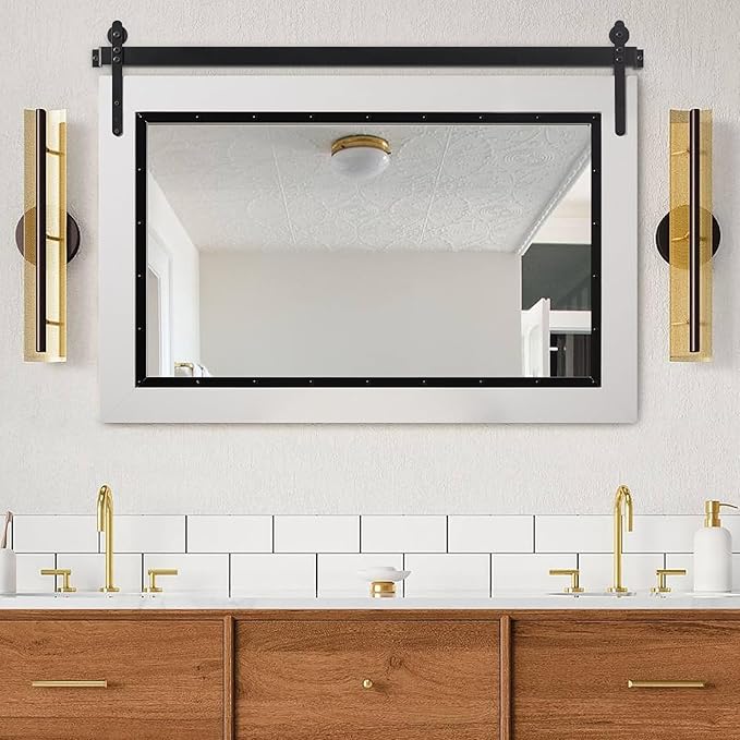 YOSHOOT Farmhouse Barn Door Mirror, Wood Frame Wall Mirror, Wooden Mirror - Image 3