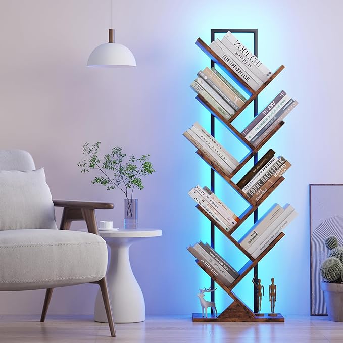Tree Book Shelf with LED Lights, 9 Tier Floor Standing Bookcase, Classical by Qupui