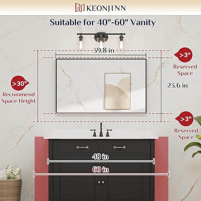 Keonjinn Black Bathroom Mirror 40 x 24 Inch, Metal Frame Black Mirror - Image 5