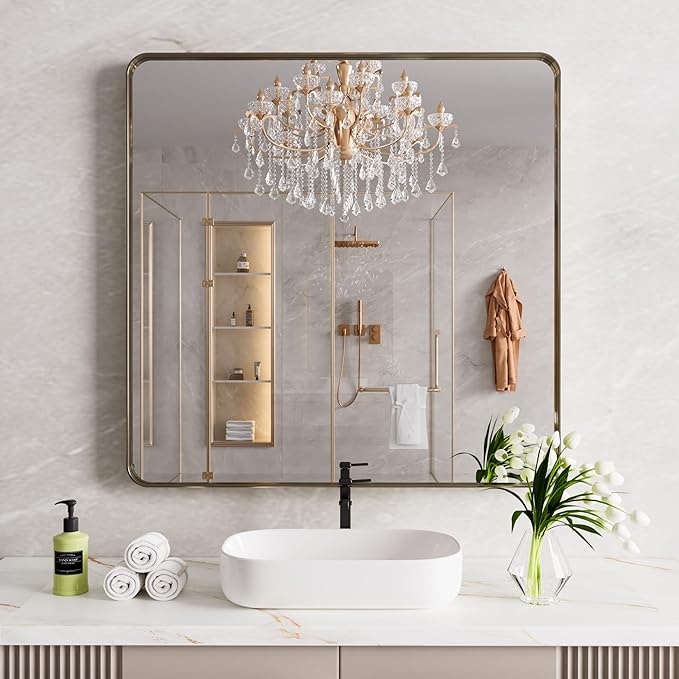 Bronze Bathroom Mirror 36x36 Inch, Brushed Bronze Metal Frame Mirror - Image 2