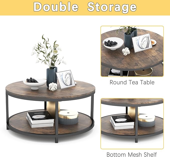 NSdirect 36 inches Round Coffee Table, Rustic Wooden Surface Top & Sturdy Metal - Image 6