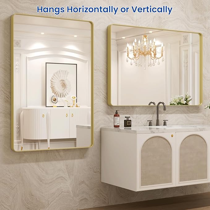 WEER Gold Bathroom Mirror, 48X30 Inch Brushed Gold Metal Frame Mirror, Rounded - Image 5