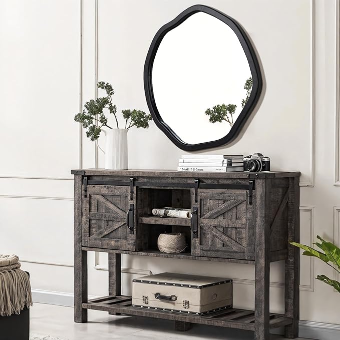ULIKE Round Wood Mirror 24 Inch Circle Wall Mirror, Asymmetrical Bathroom - Image 8
