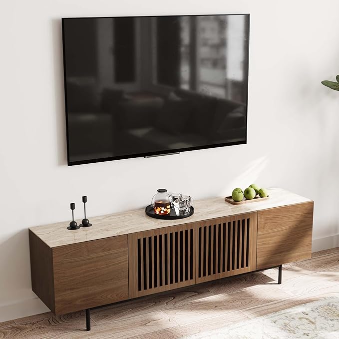 POVISON Mid Century Modern Sintered Stone TV Stand, Slatted Media Console TV by POVISON