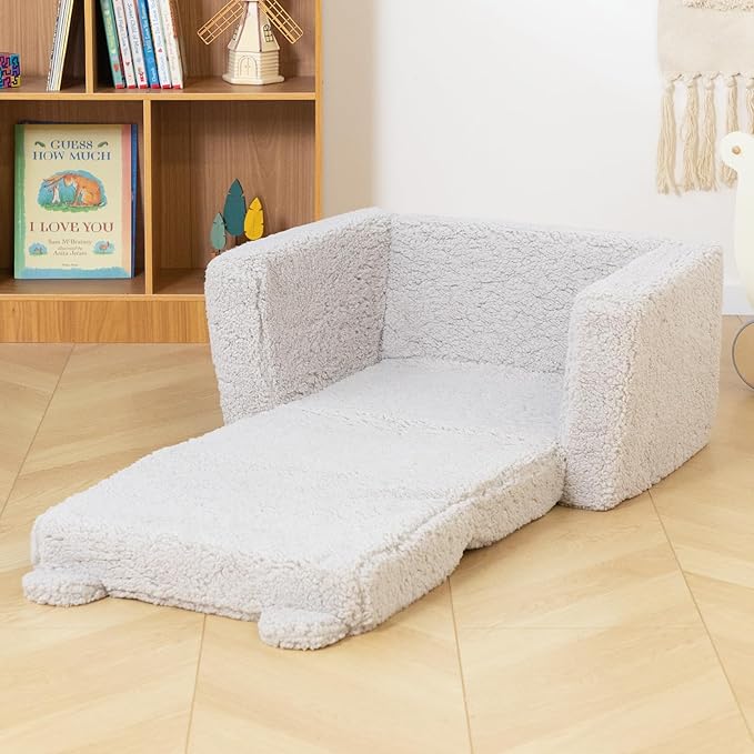 ALIMORDEN Fold Out Toddler Couch, Comfy 2-in-1 Cuddly Sherpa Bear Chair - Image 2