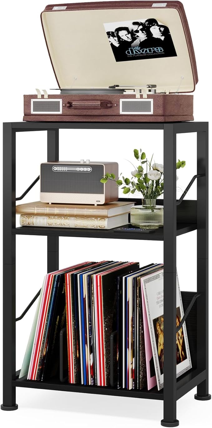 Hosfais 3 Tier Record Player Stand, Retro Vinyl Record Storage End Table Records by HosfaisHome
