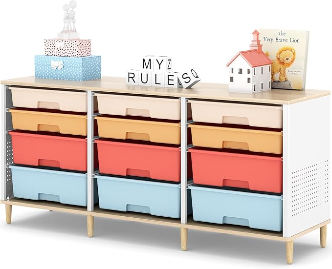 12-Drawer Storage Cabinet with Wooden Tabletop, Versatile Cube Storage by TOOLF