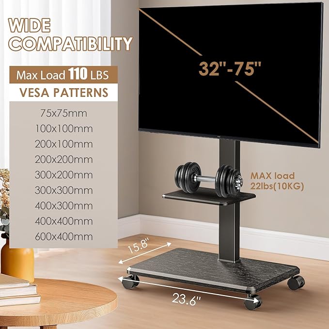 Mobile TV Stand with Wheels, Swivel Rolling TV Stand - Image 6