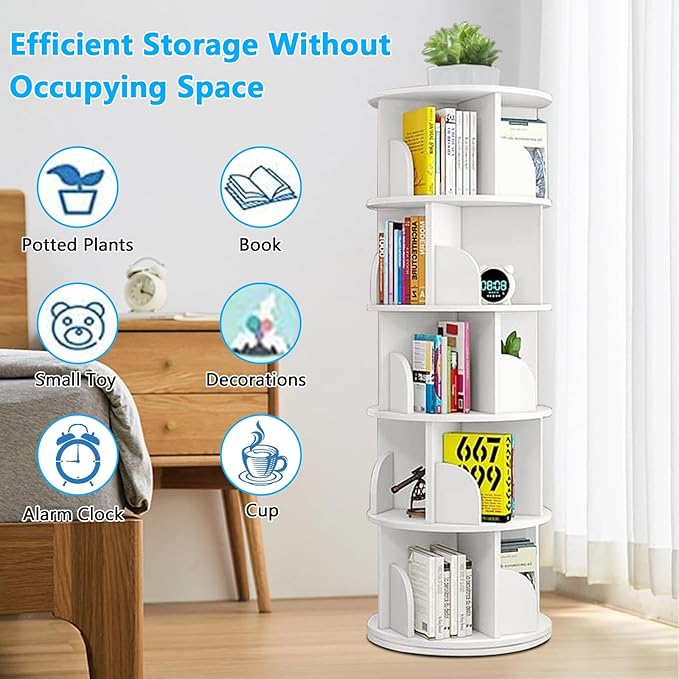 Rotating Bookshelf Tower, 360 Display 5 Tier Floor Standing Bookcase Storage - Image 5