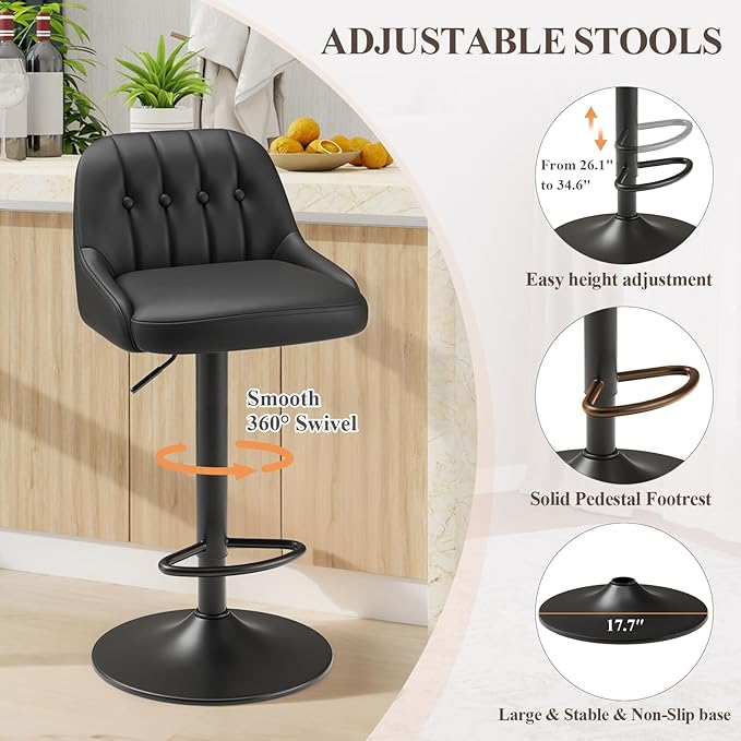 Bar Stools Set of 4, Swivel Bar Chairs, Modern Adjustable PU Leather - Image 4