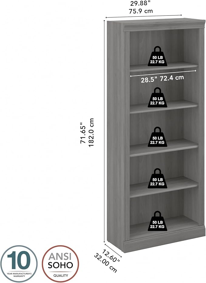 Bush Furniture Saratoga Tall 5 Shelf Bookcase in Modern Gray, Home Office - Image 3