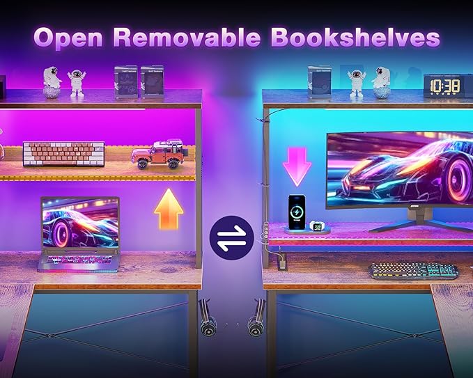 ODK 53 Inch L Shaped Desk with LED Lighting, Reversible Gaming Desk with Power - Image 6