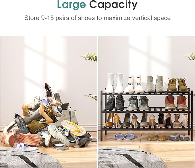3-Tier Long Black Shoe Rack, Bamboo Wood Shoe Rack - Image 4