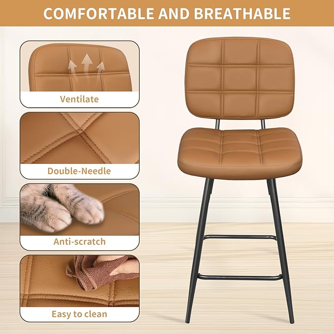 Bar Stools Set of 2, 24 Inch Upholstered Metal Barstool - Image 4