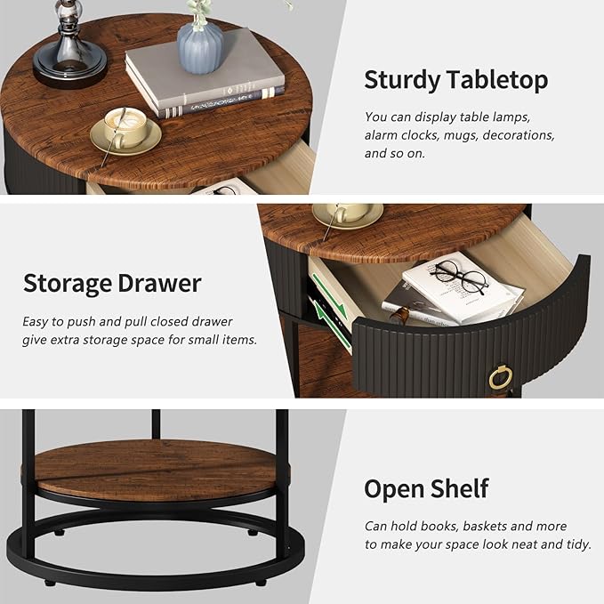 OIOG Round End Table with Drawer, Modern Wood Grain Side Table with Shelf - Image 7