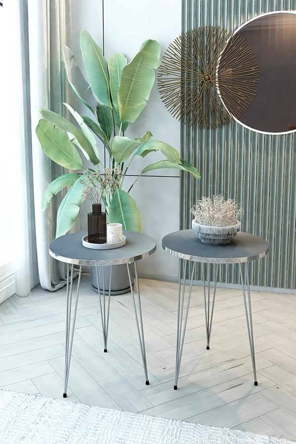 PAK HOME - Set of 2 End Table - High Gloss Grey Wood Round Sofa Side Coffee - Image 3