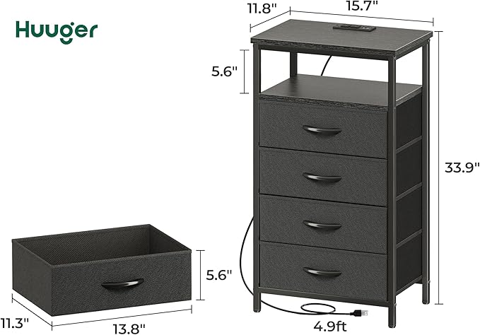 Huuger Night Stand with Charging Station, 4 Drawer Dresser - Image 3