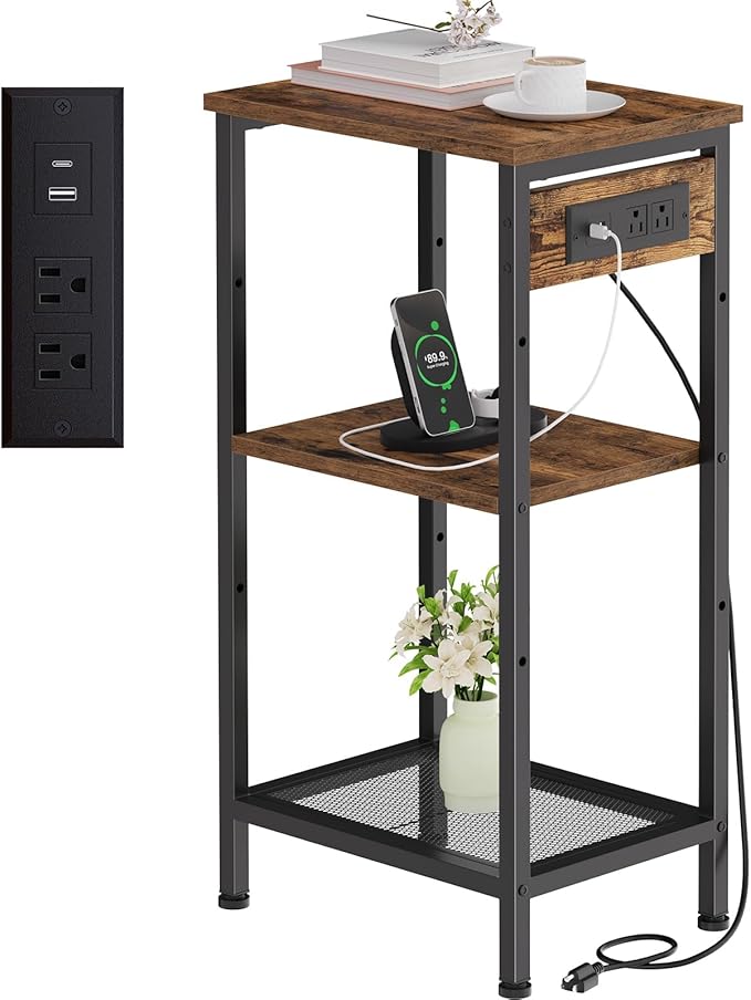 Tall End Table with Fast Charging Station, 3 Tier Narrow Side Table with by Cresohom