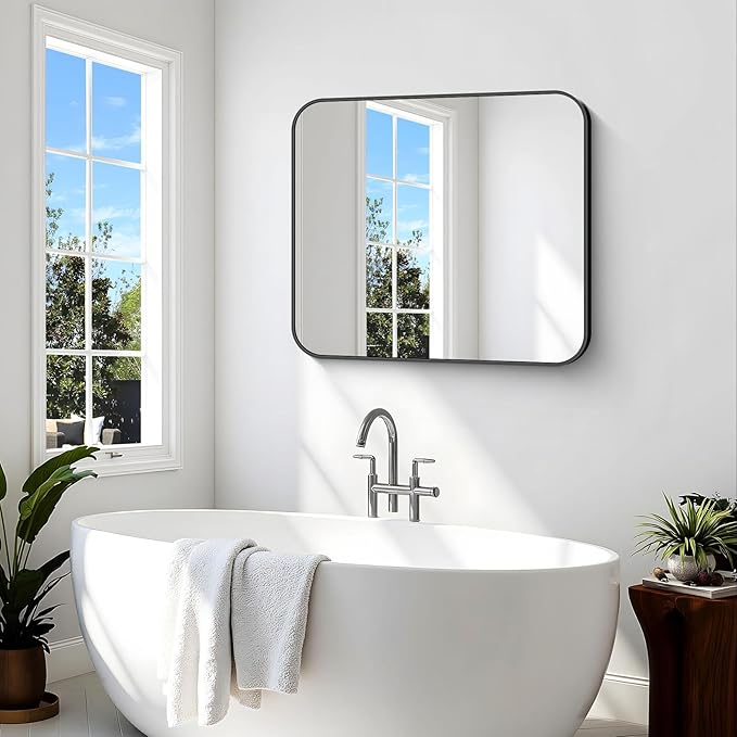 Bathroom Mirror, 36 x 30 inch Metal Framed Black Rectangle Mirror, Rounded - Image 7