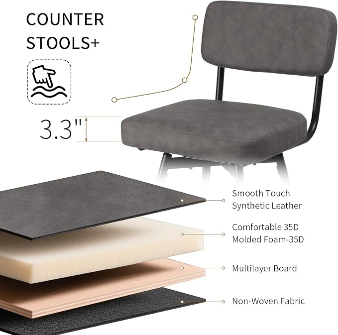 Swivel Counter Height Bar Stools Set of 2, Faux Leather Bar Stools - Image 4