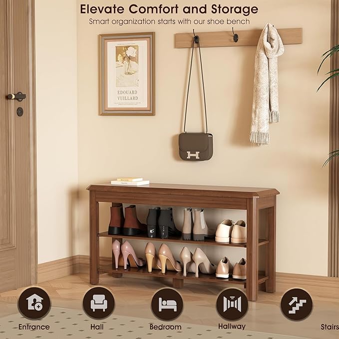 Shoe Rack for Front Door Entrance, Solid Wood Shoe Bench for Closet, Holds Up - Image 3